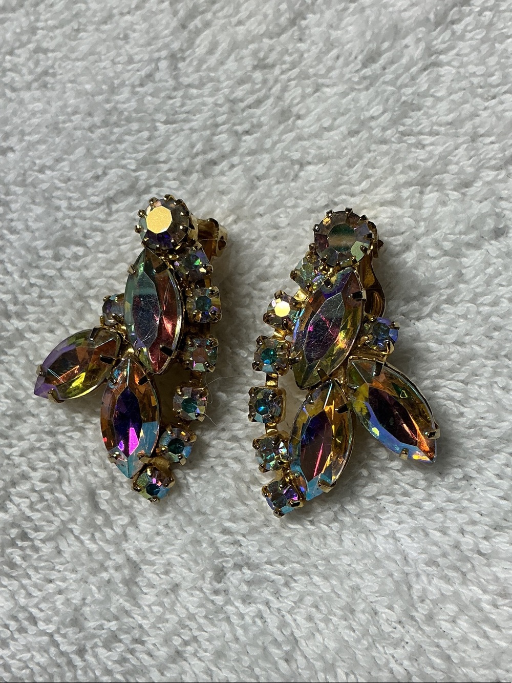 Vintage Aurora Crystal Clip-On Earrings - Iridescent Gold